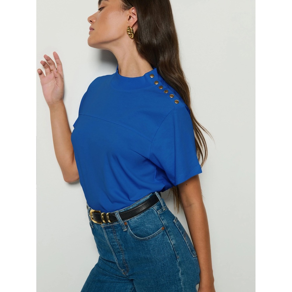 Nation Los Angeles Organic Yvette Mock Neck Shoulder‎ Snap Tee Blue Womens Small